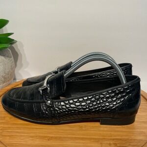 Aldo Black Croc Embossed Leather Loafer Women 6 Silver Bit Preppy Academia Flat